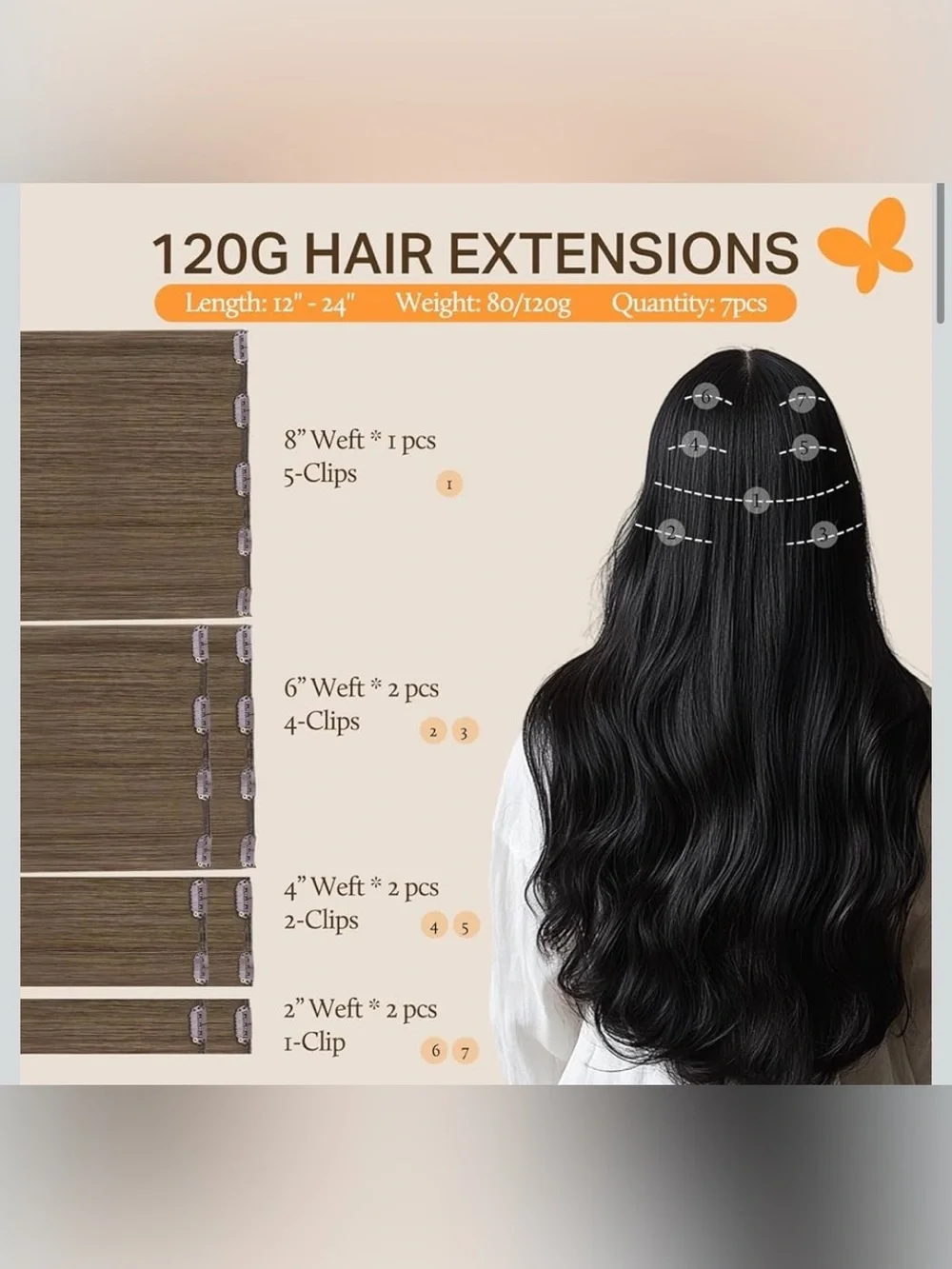 DOORES 100% Human Hair Clip-In Extensions 14” 100g 7pcs Light Ash Brown #5 NIB
